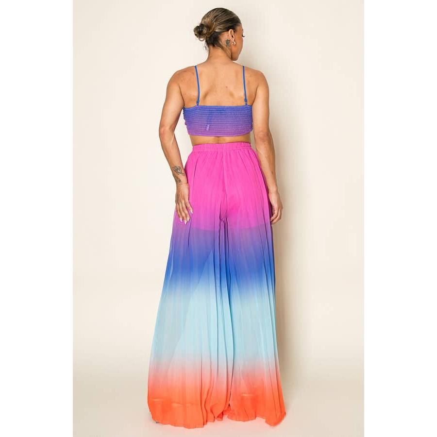 Ombre Pleated Bra Top & Wide Leg Pants Set | Rainbow Summer Beach Pool Attire