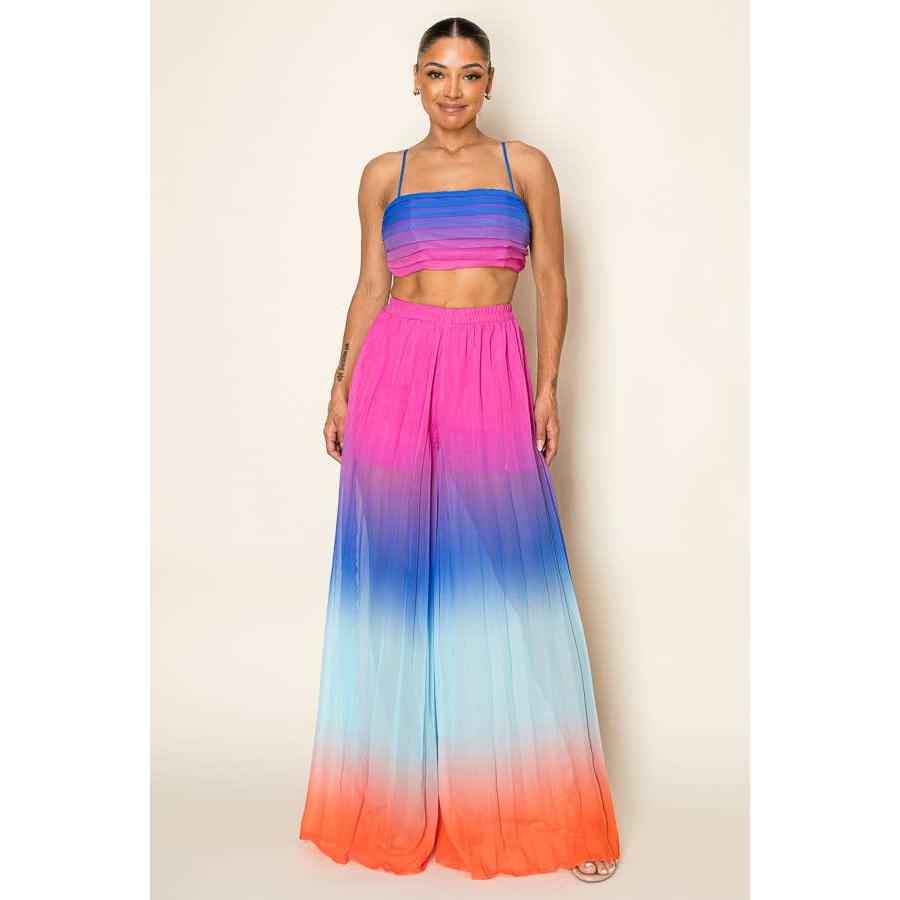 Ombre Pleated Bra Top & Wide Leg Pants Set | Rainbow Summer Beach Pool Attire