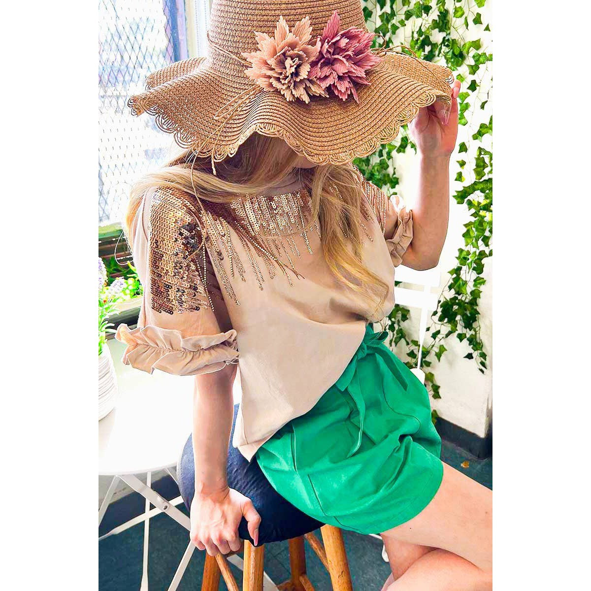 Ombre Sequin & Rhinestone Cotton Knit Top With Ruffle  [Available in Sizes SM-L]