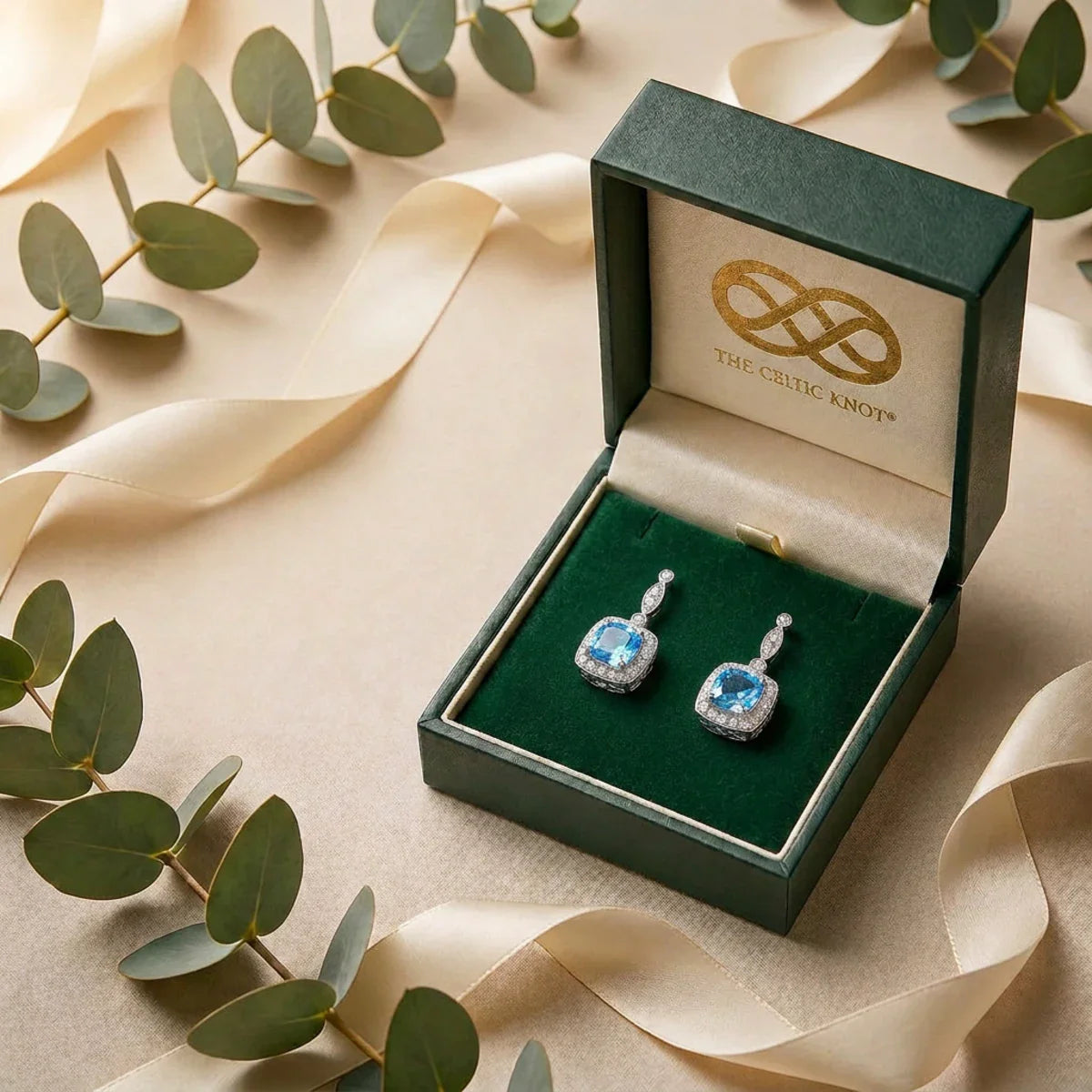 Winter Diamond™ Earrings — 18K White Gold | Cushion Blue Topaz