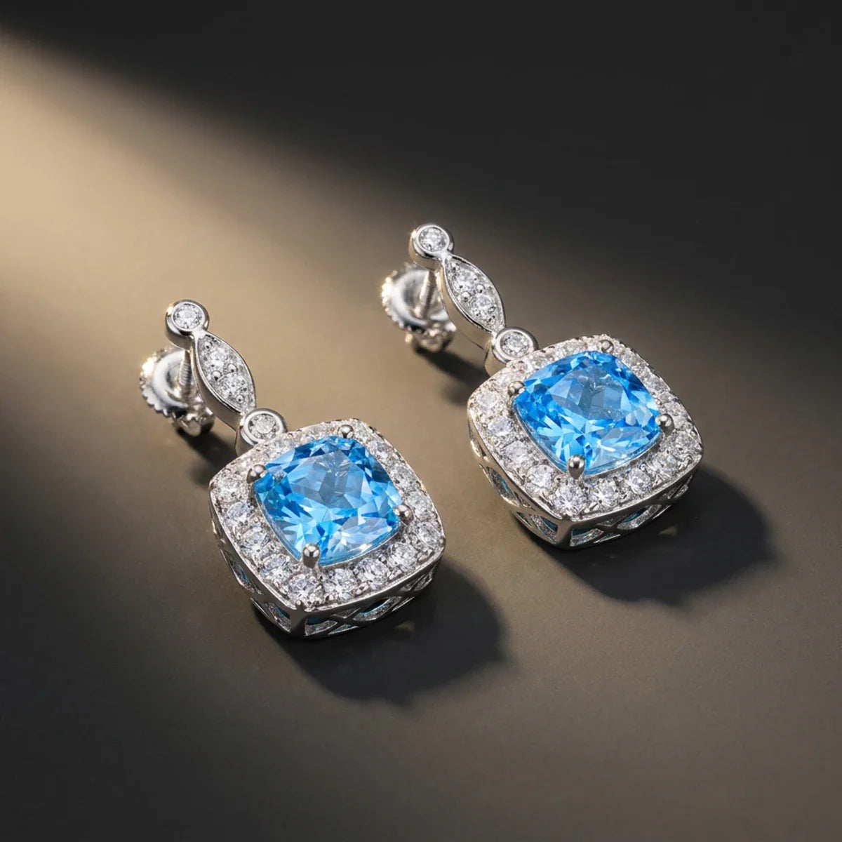 Winter Diamond™ Earrings — 18K White Gold | Cushion Blue Topaz