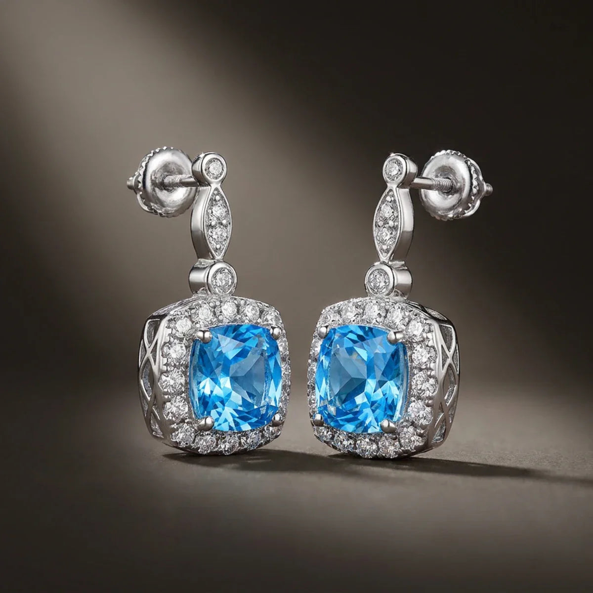Winter Diamond™ Earrings — 18K White Gold | Cushion Blue Topaz