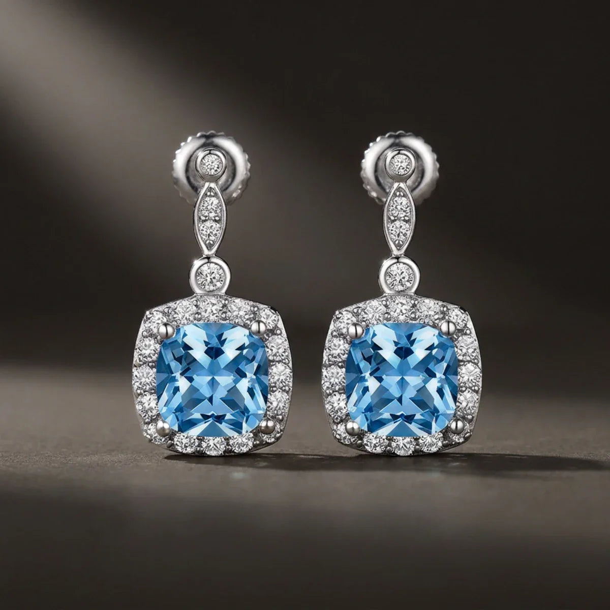 Winter Diamond™ Earrings — 18K White Gold | Cushion Blue Topaz