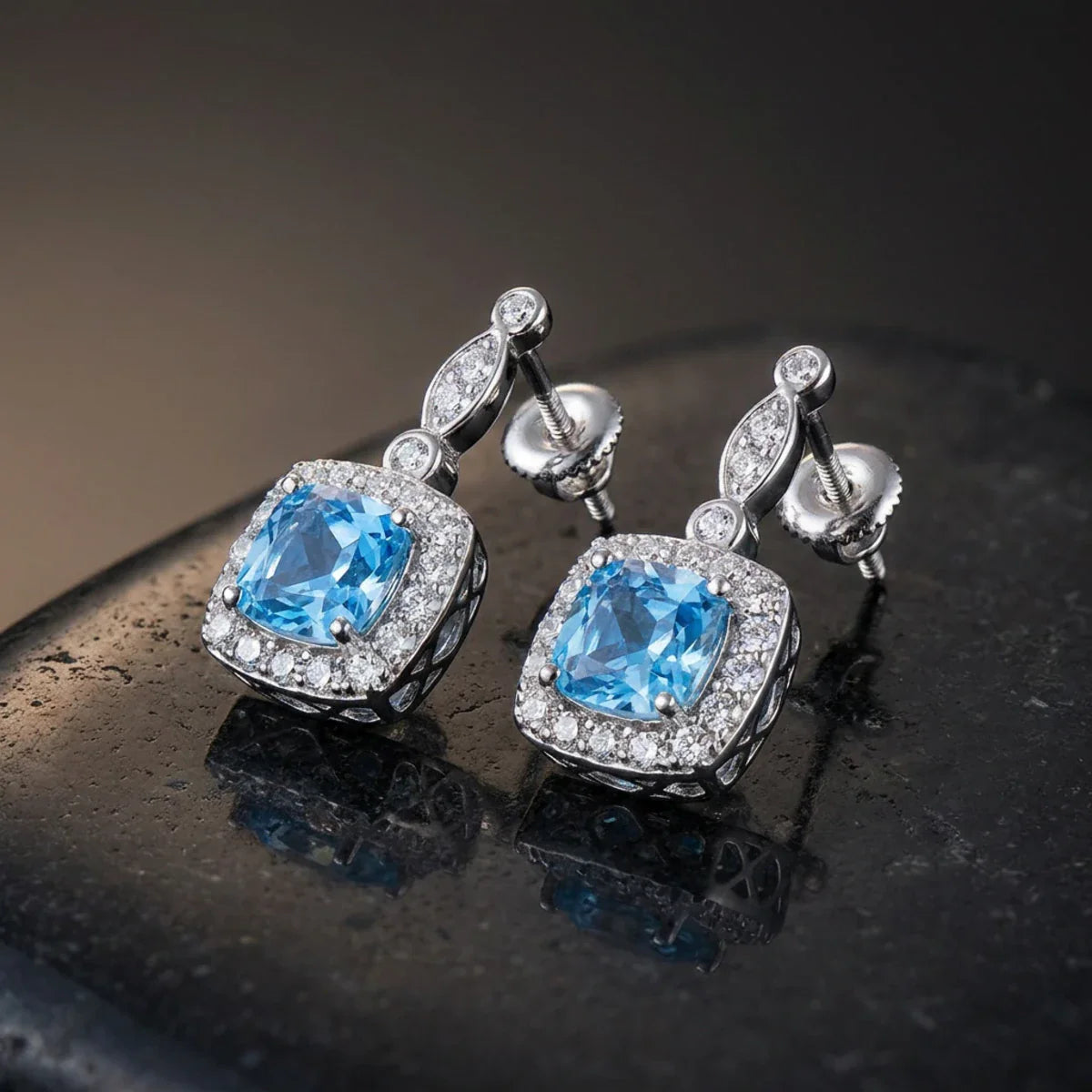 Winter Diamond™ Earrings — 18K White Gold | Cushion Blue Topaz