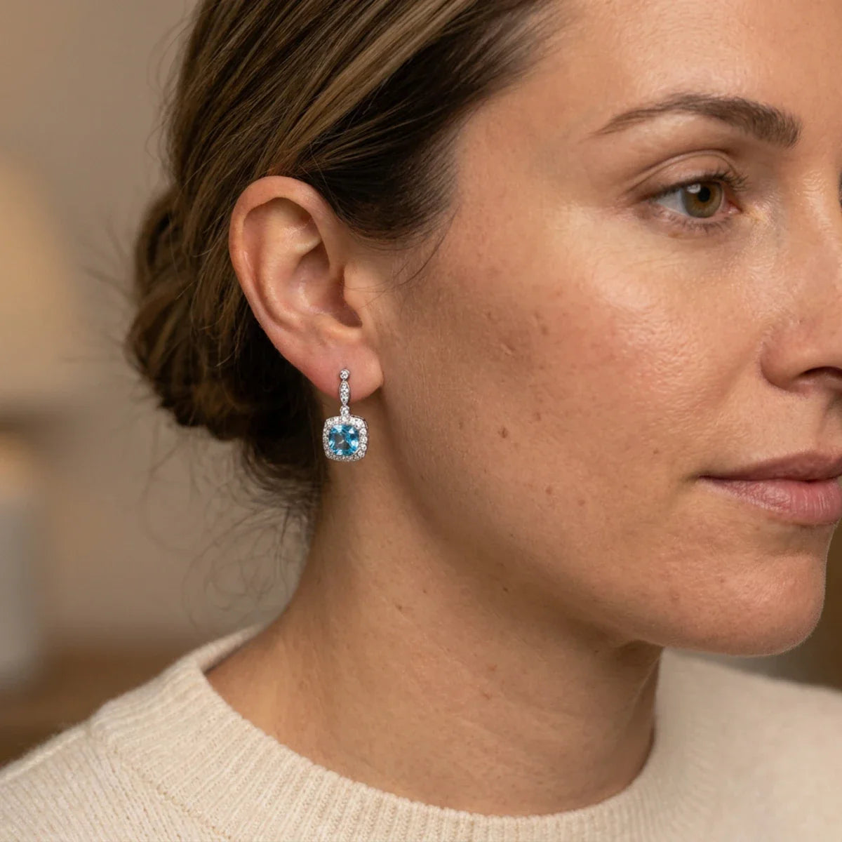 Winter Diamond™ Earrings — 18K White Gold | Cushion Blue Topaz