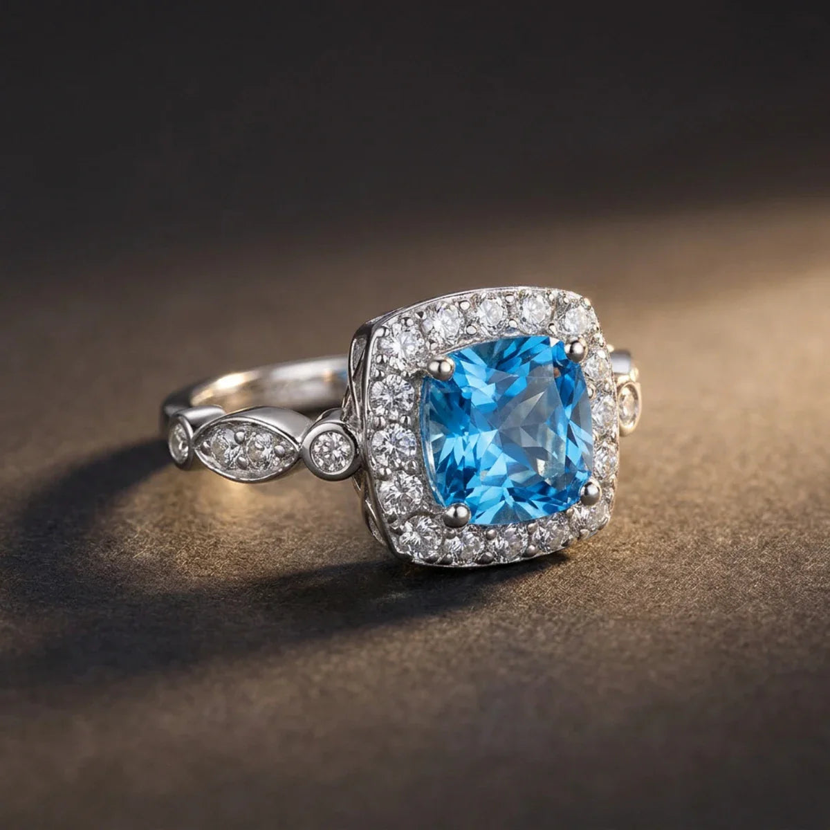 Winter Diamond™ Ring — 18K White Gold | Cushion Blue Topaz