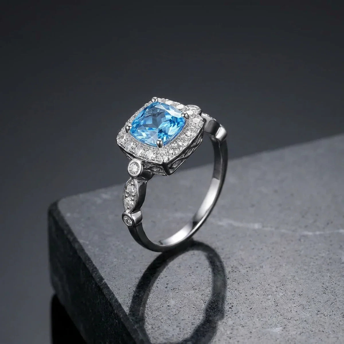 Winter Diamond™ Ring — 18K White Gold | Cushion Blue Topaz