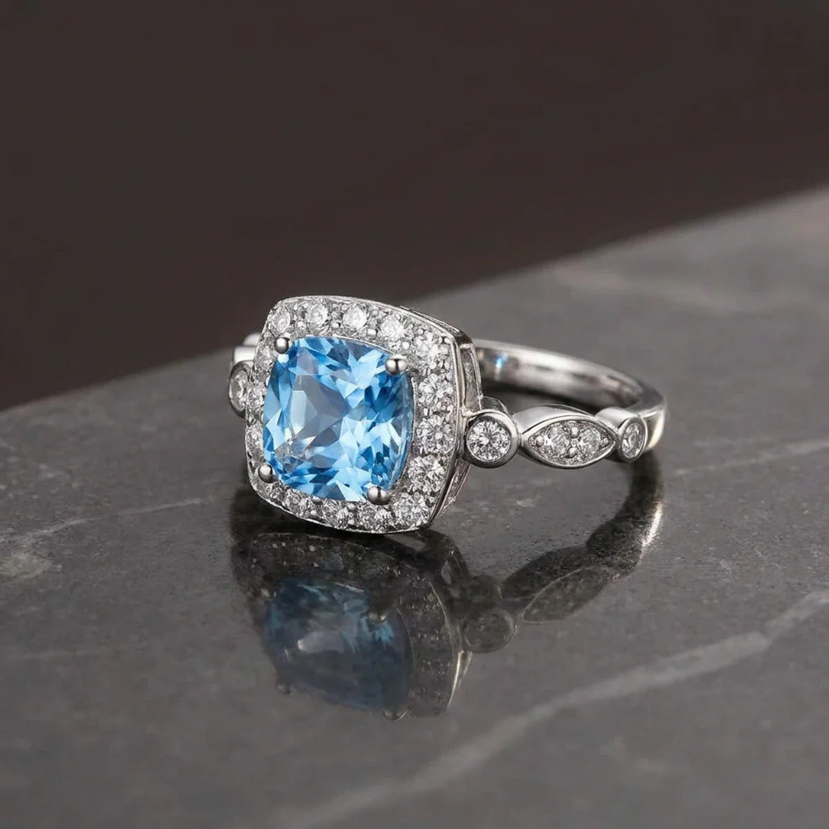 Winter Diamond™ Ring — 18K White Gold | Cushion Blue Topaz