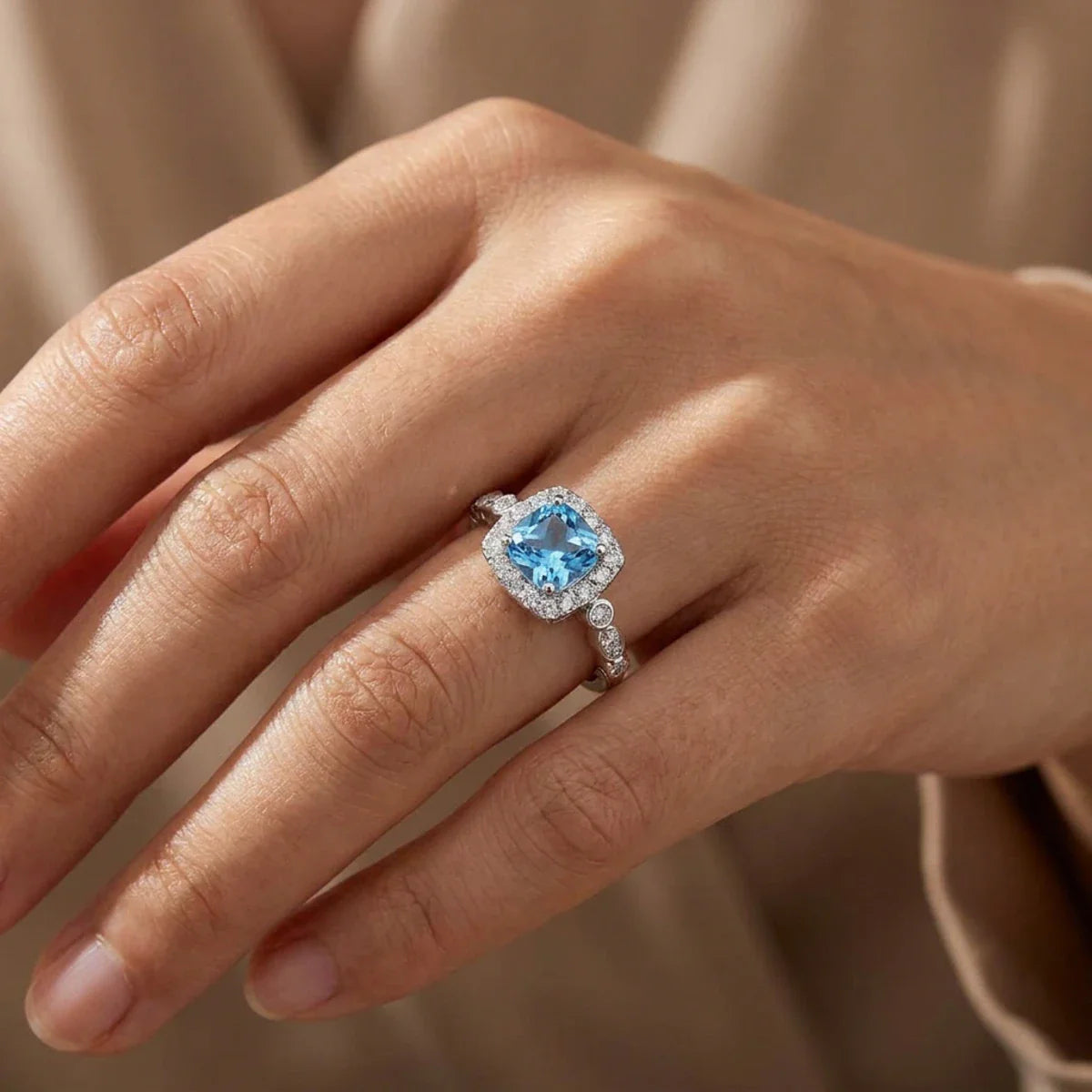 Winter Diamond™ Ring — 18K White Gold | Cushion Blue Topaz