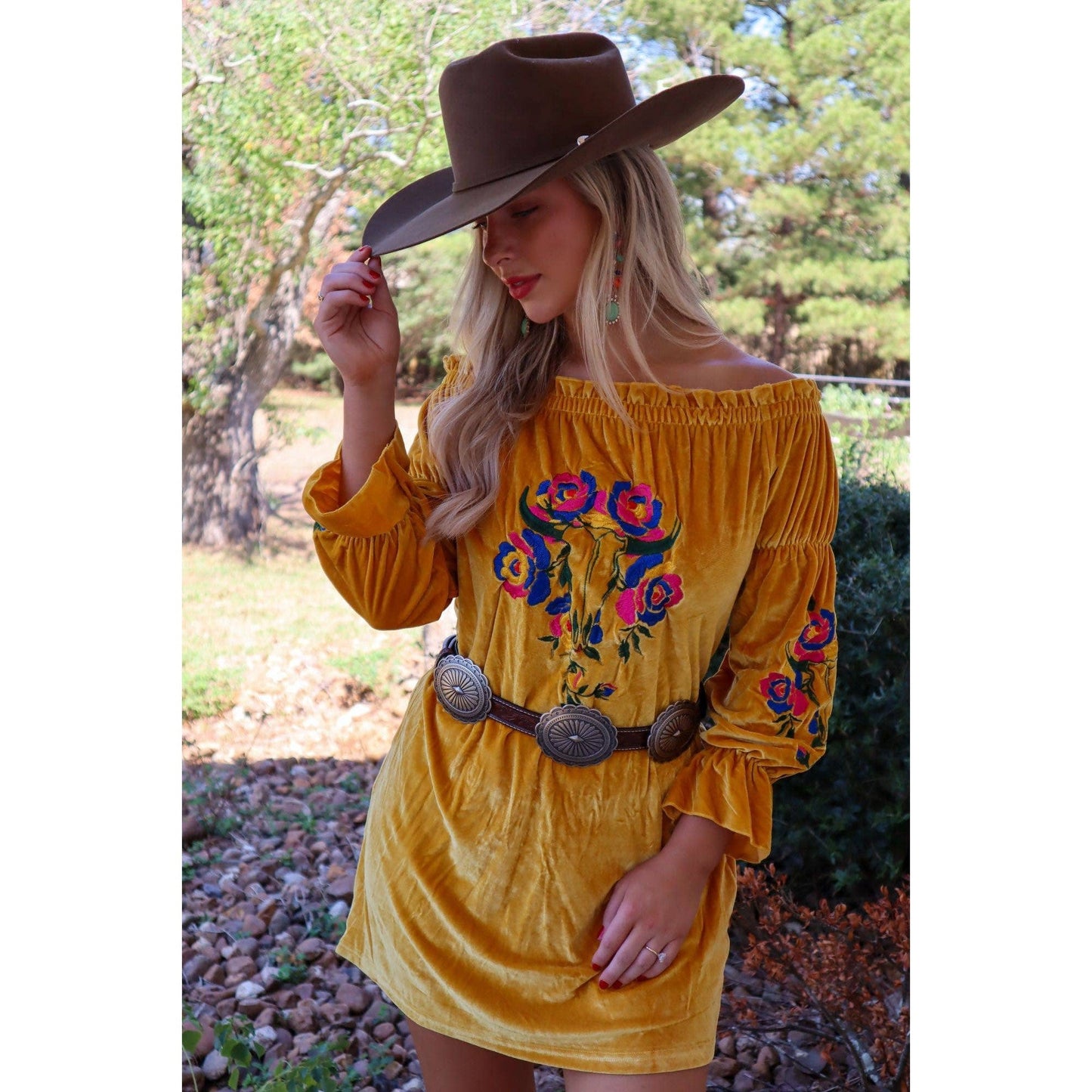Rio Grande Embroidered Velvet Tunic Dress in Mustard [Size 3X Remaining]
