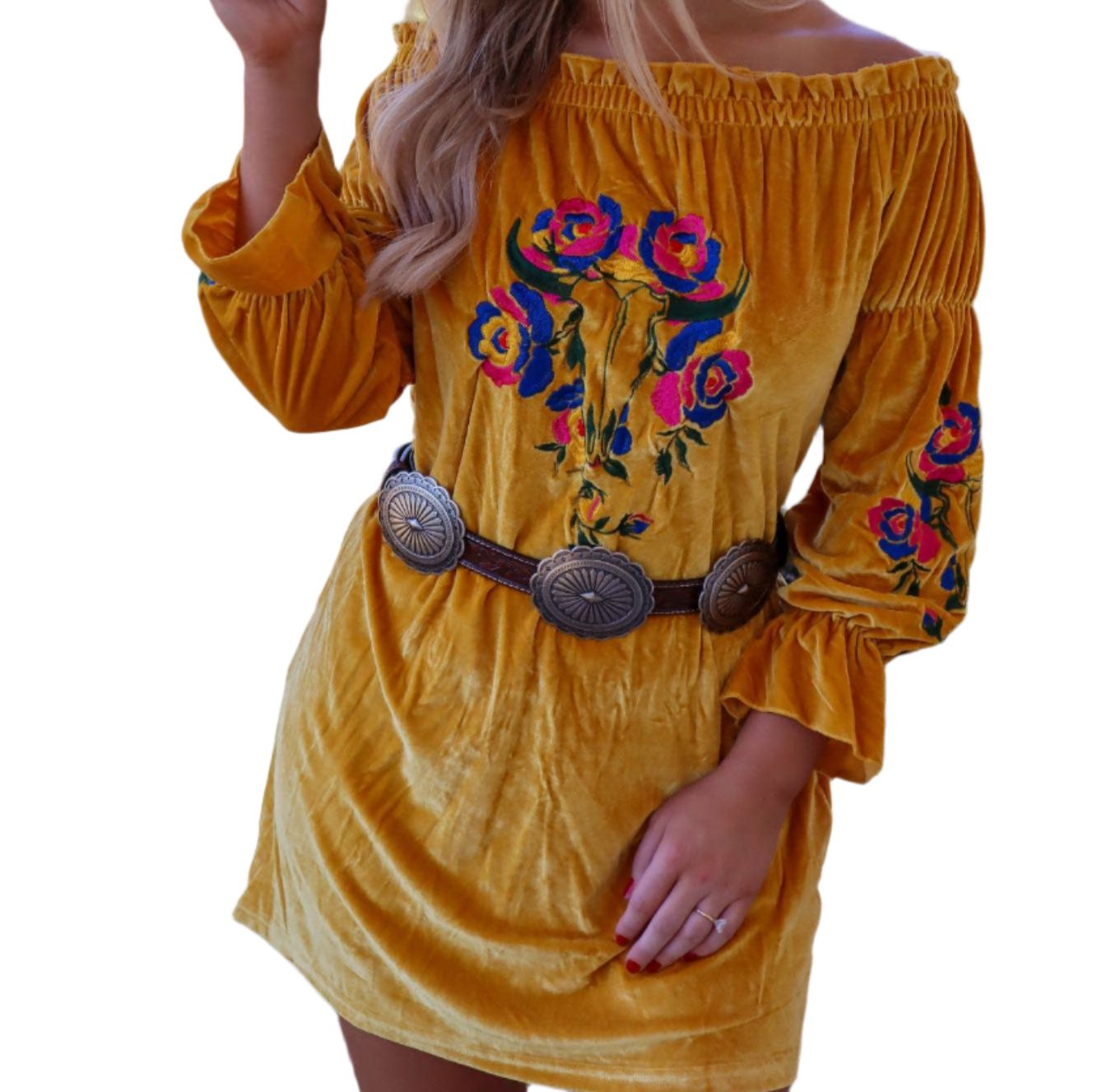 Rio Grande Embroidered Velvet Tunic Dress in Mustard [Size 3X Remaining]