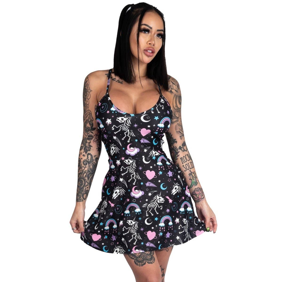 [S-3XL] Gothic Skeleton Unicorns Skater Dress | Halloween Fall Mini Dress