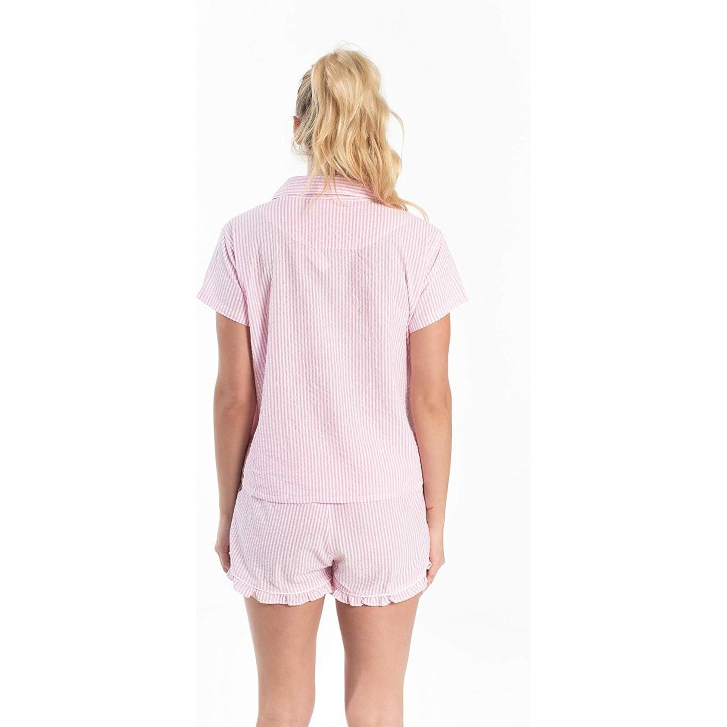 Seersucker Pajamas Short Set in Pink | Button Top and Shorts Sleepwear [Available in Large Only]