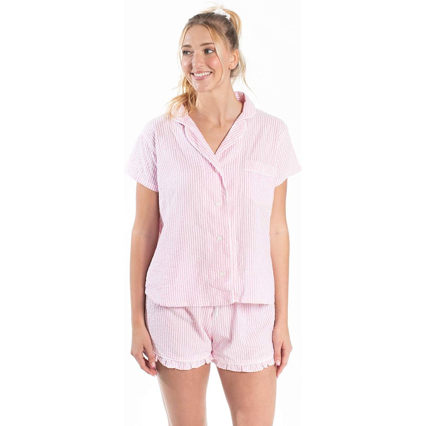Seersucker Pajamas Short Set in Pink | Button Top and Shorts Sleepwear [Available in Large Only]