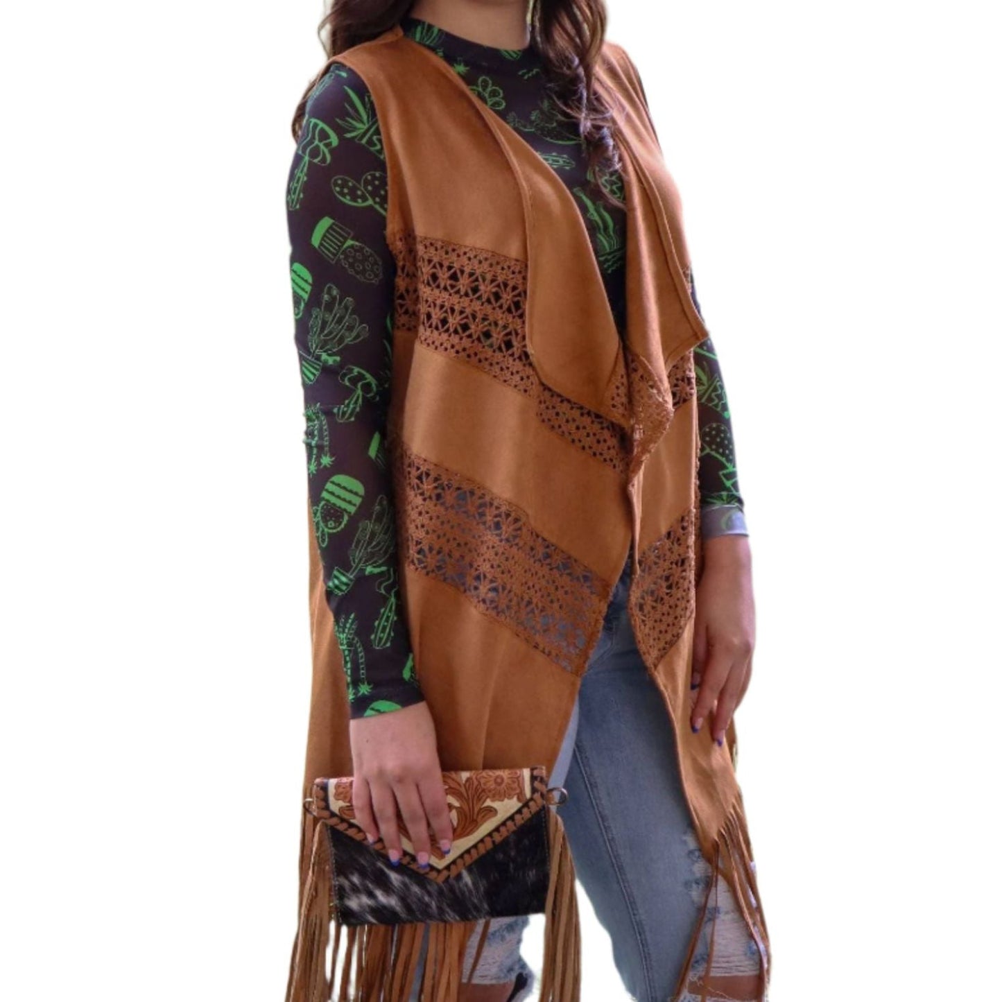 [Size S/M Remaining] Cowgirl Vegan Suede Crochet Duster in Brown | Open-front Coat Outerwear