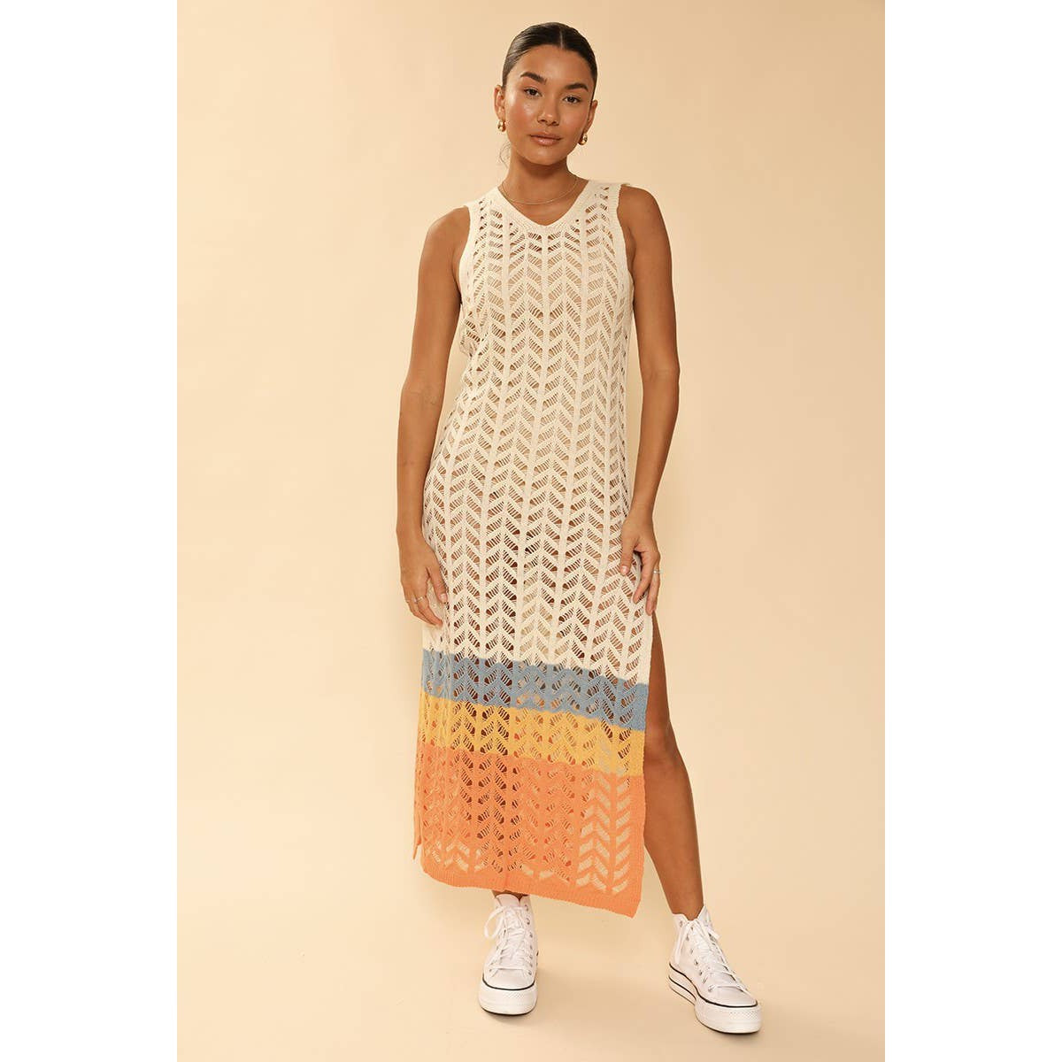 [Size XL Remaining] Miss Sparkling Cream Open Knit Color Block Cover Up | Long Swimsuit Summer Attire