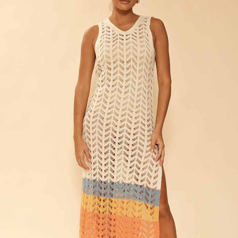 [Size XL Remaining] Miss Sparkling Cream Open Knit Color Block Cover Up | Long Swimsuit Summer Attire