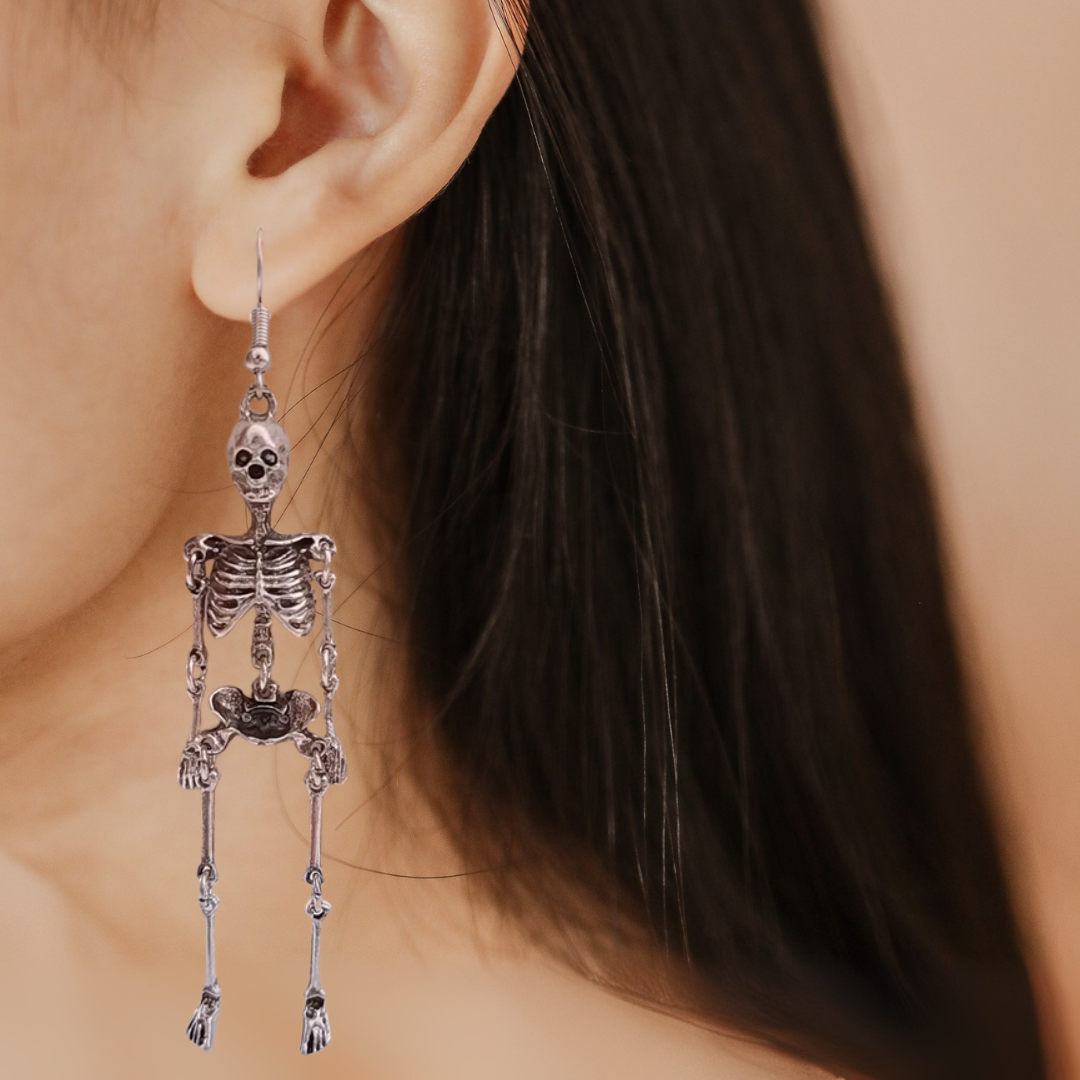 Skeleton Dangle Earrings in Silver | Anatomical Spooky Skeleton Long Halloween Earrings