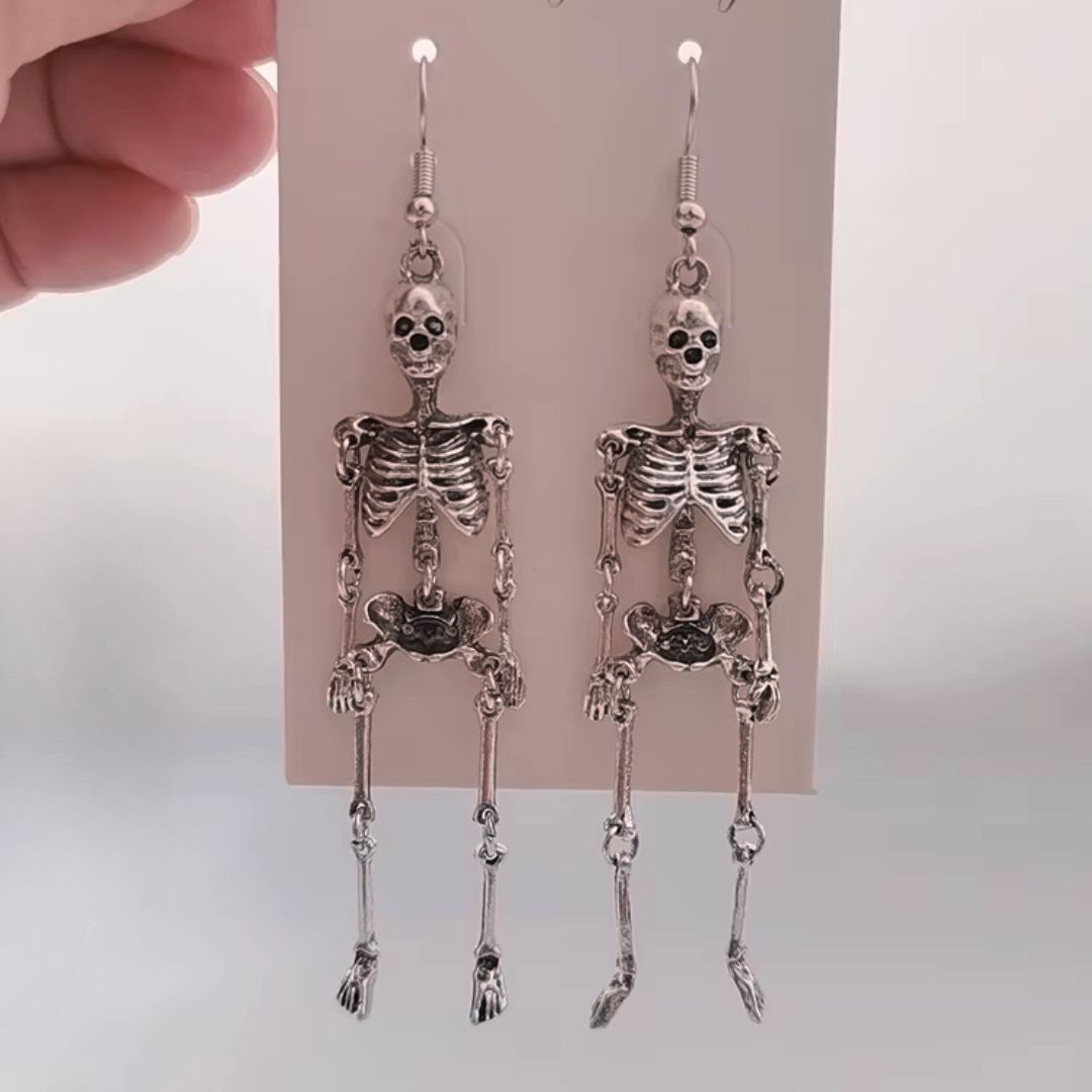 Skeleton Dangle Earrings in Silver | Anatomical Spooky Skeleton Long Halloween Earrings