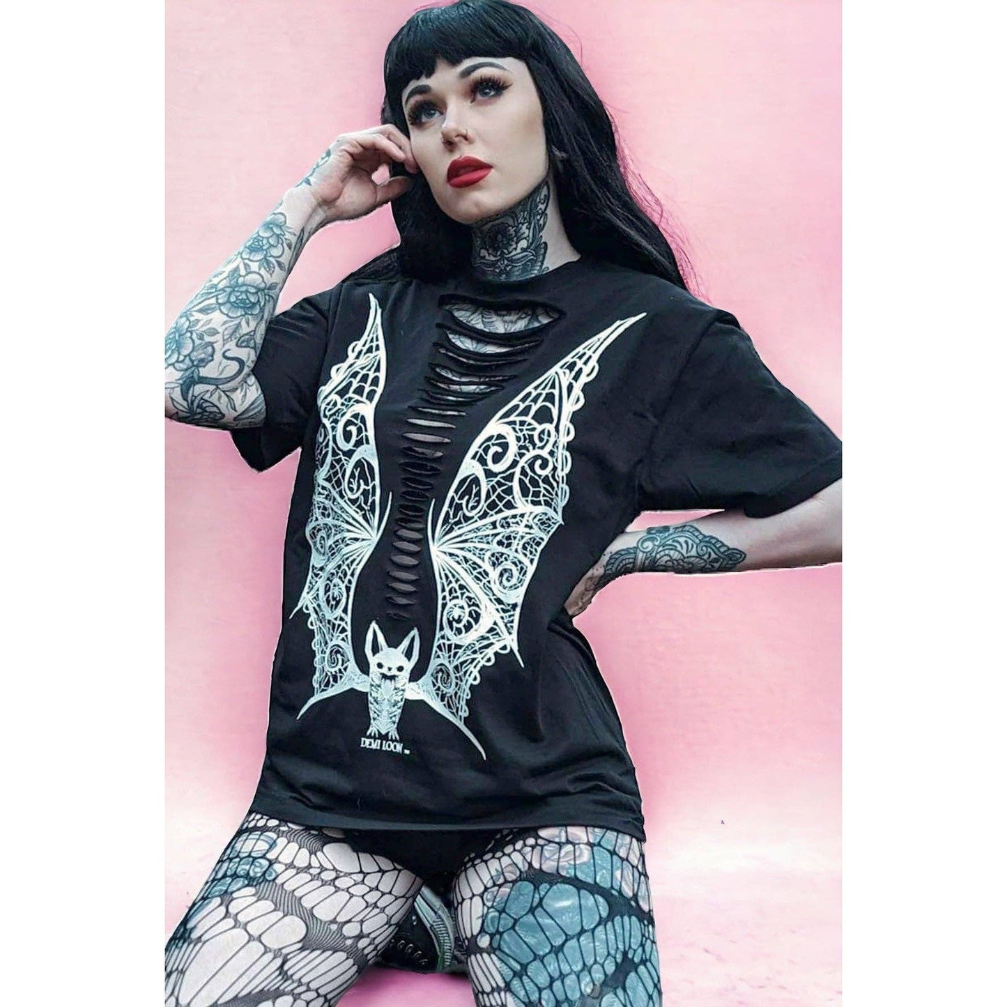 Slashed Vampire Lace Wings Boyfriend Fit Tee in Black [Size L & XL Remaining]