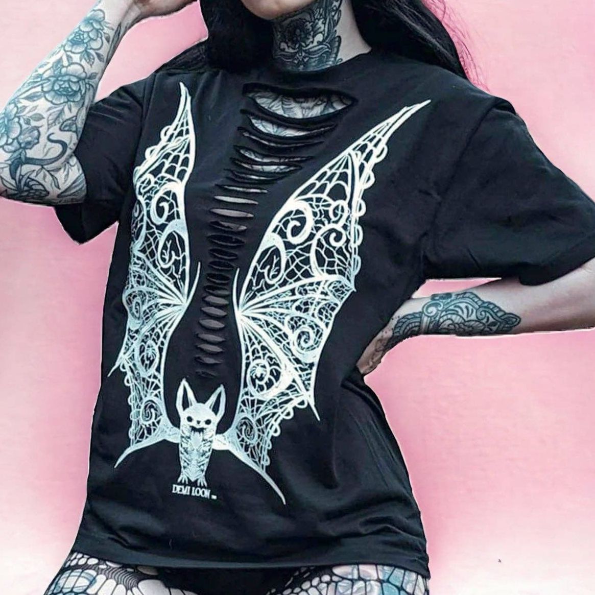 Slashed Vampire Lace Wings Boyfriend Fit Tee in Black [Size L & XL Remaining]