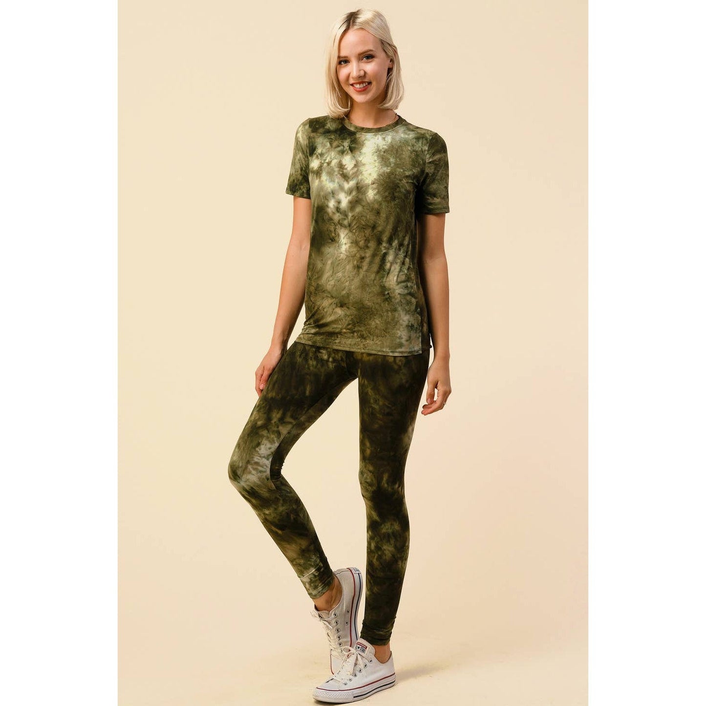 Tie Dye Round Neck Short Sleeve Top and Leggings Set [Available in Black or Olive] - One Size S/M