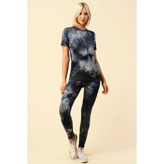Tie Dye Round Neck Short Sleeve Top and Leggings Set [Available in Black or Olive] - One Size S/M