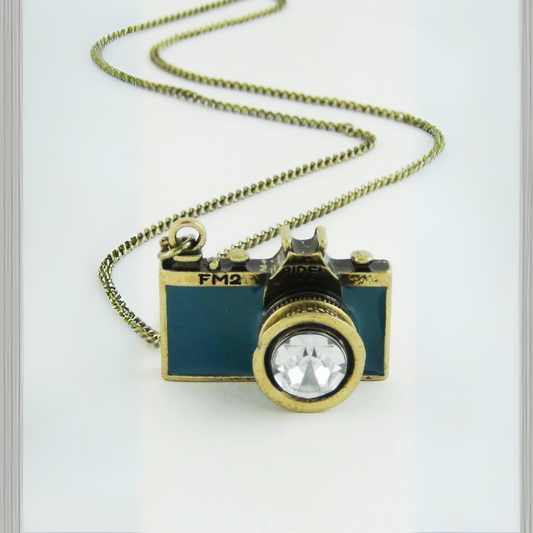 Vintage Camera Necklace in Teal | Antique Brass Long Chain