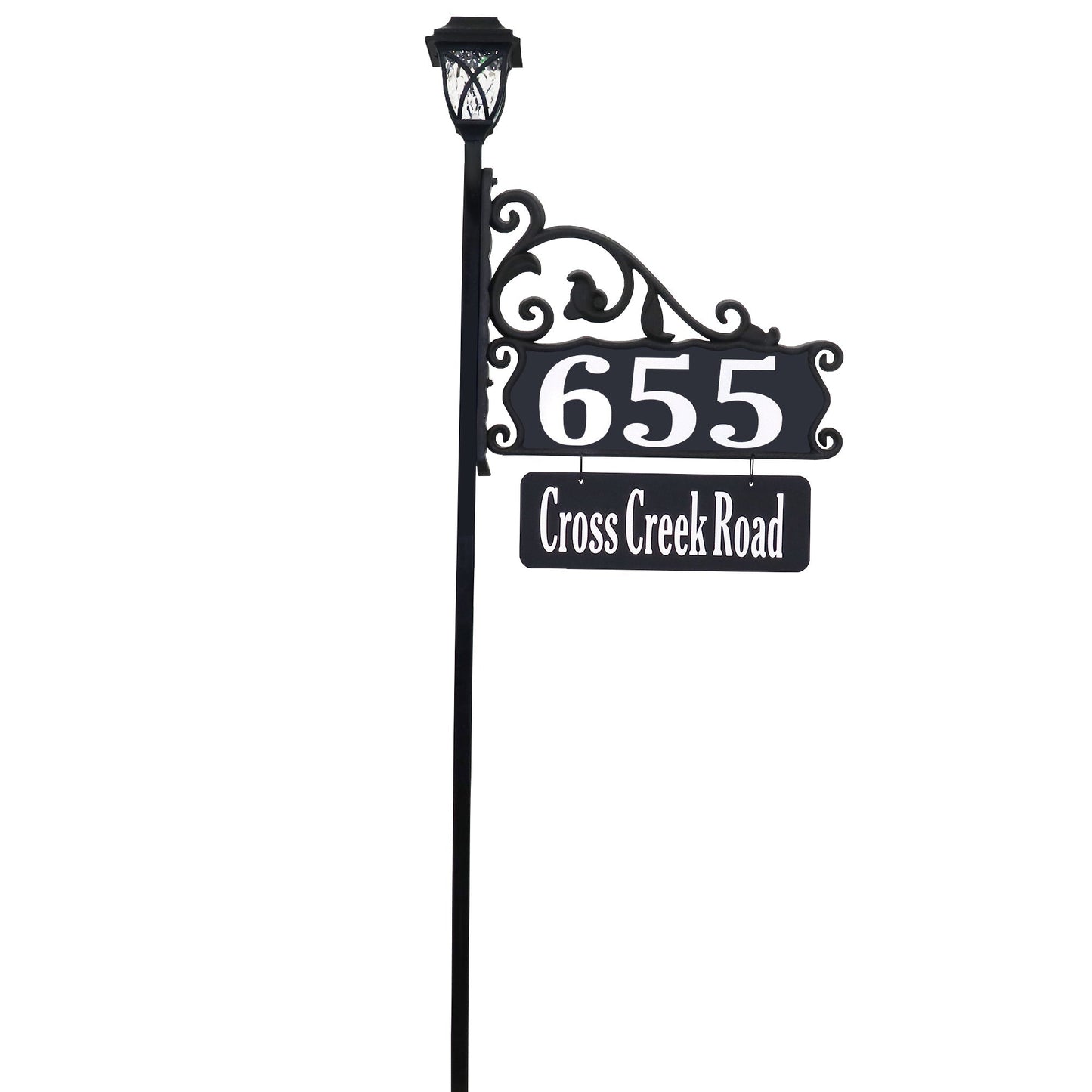 Boardwalk Reflective Address Sign With Name Rider and LED Solar Light