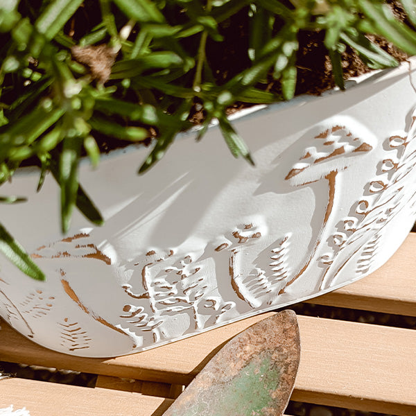 Rustic Cream Mushroom Embossed Metal Buckets, Set of Two