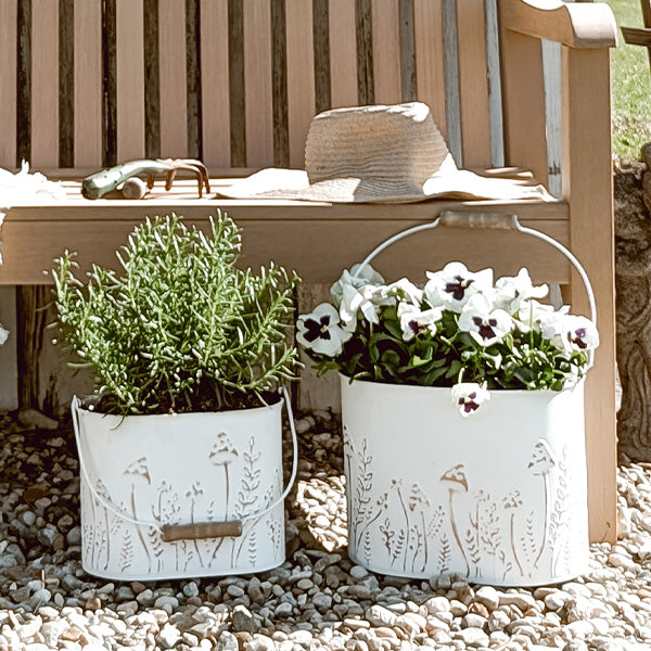 Rustic Cream Mushroom Embossed Metal Buckets, Set of Two