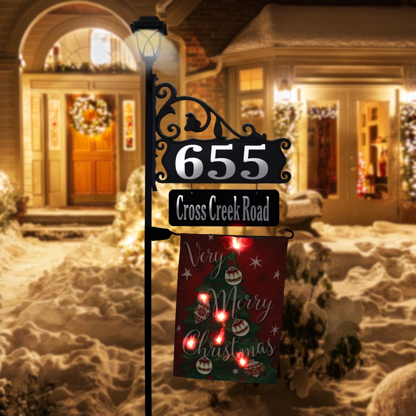 Boardwalk Address Sign with Name Rider, Solar Lamp and Flag Option