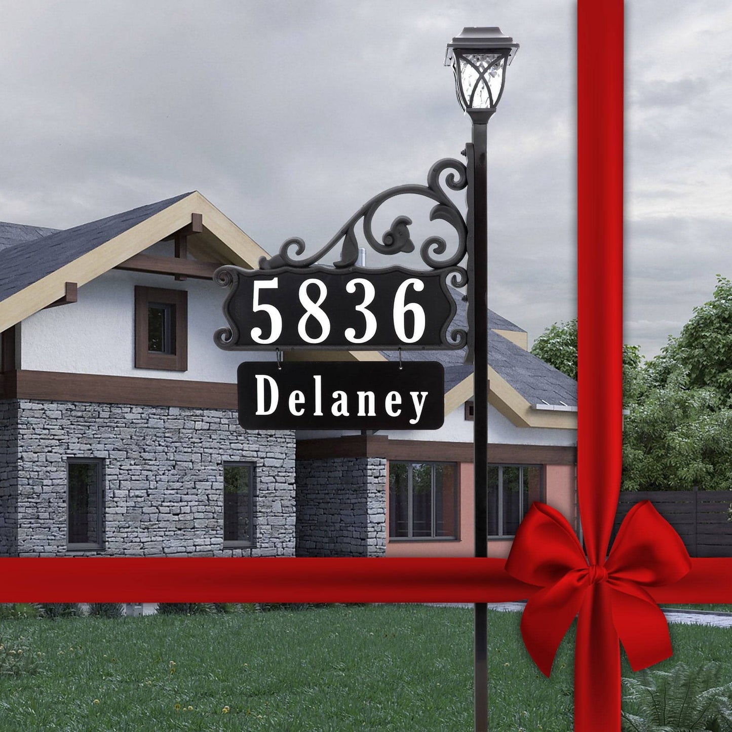 Boardwalk Reflective Address Sign With Name Rider and LED Solar Light