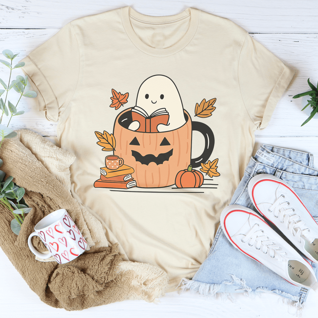 Cute Bookish Ghost In A Pumpkin Cup Tee