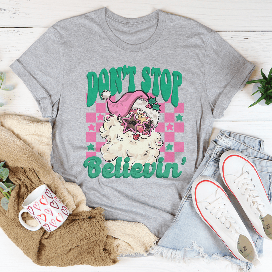 Don't Stop Believin Pink Santa Tee