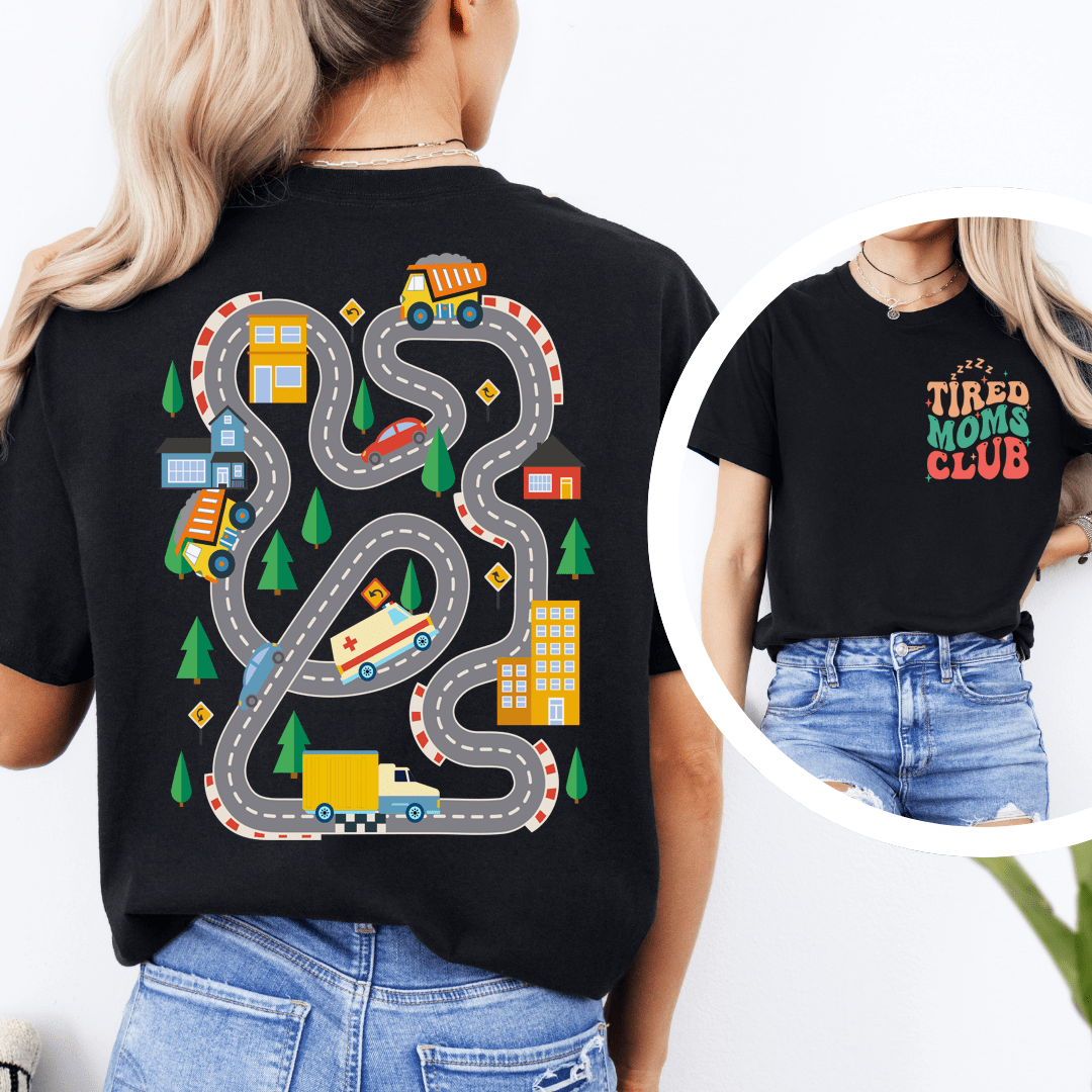 Kids Play Car Race On Mom’s Back Tee