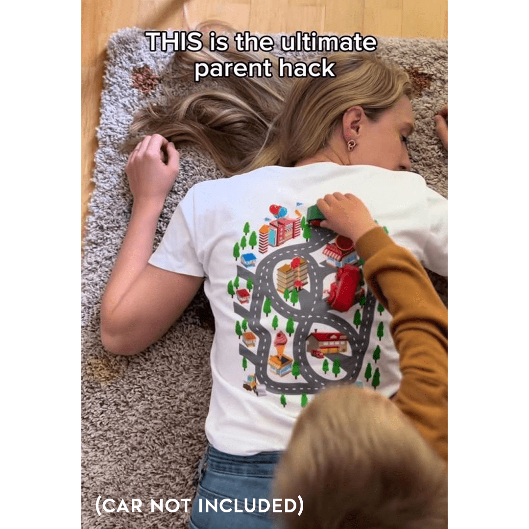 Kids Play Car Race On Mom’s Back Tee
