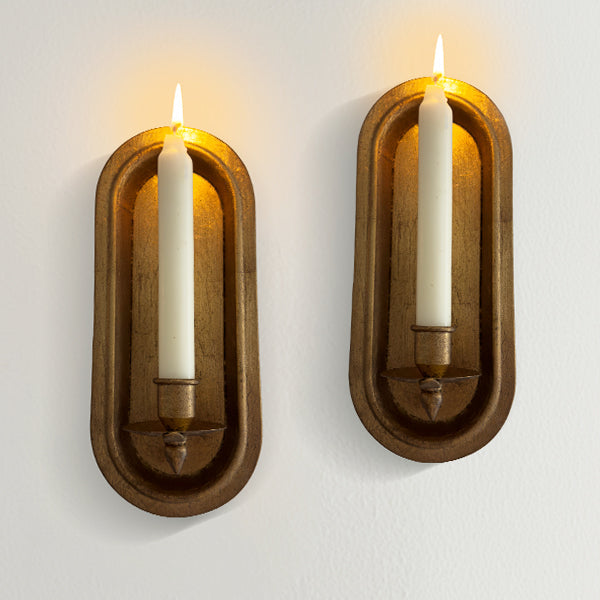 Antique Gold Taper Candle Holder Wall Sconce, Set of Two